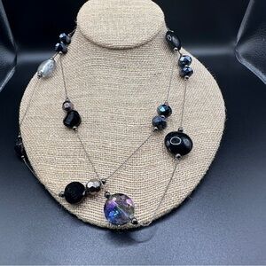 Multi-Strand Very Long Black Iridescent Peacock Glass Bead Layered Necklace